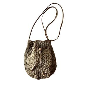 CEM Woven Leather Small Hobo Bag Drawstring Bucket Drawstring Closure Thin Strap